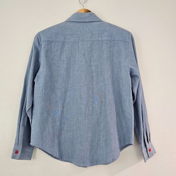 Womens Sz M/L P Blue Cotton Christmas Button Up Shirt Holidays Bells Festive - Picture 8 of 12